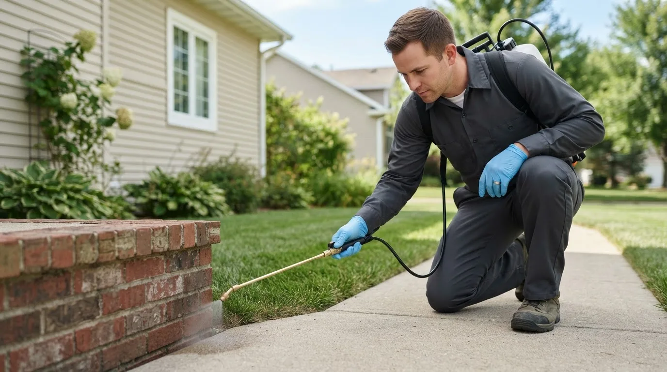 Pest control technician treating a home near Tolstoy, SD